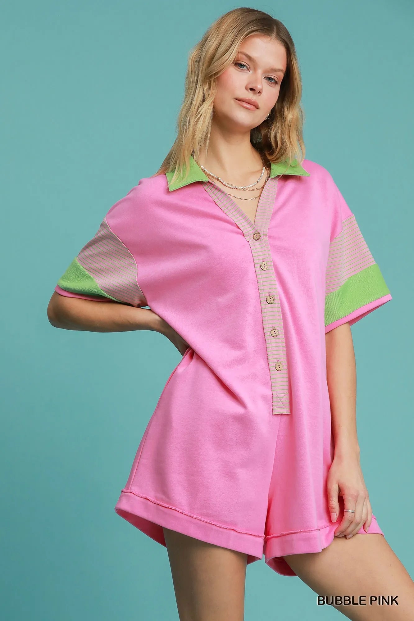 Umgee Contrast Trim Button Front Romper BUBBLE PINK Rompers