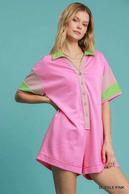 Umgee Contrast Trim Button Front Romper - DAVERRI FASHIONS