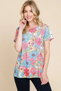 BOMBOM Floral Short Sleeve T-Shirt - DAVERRI FASHIONS