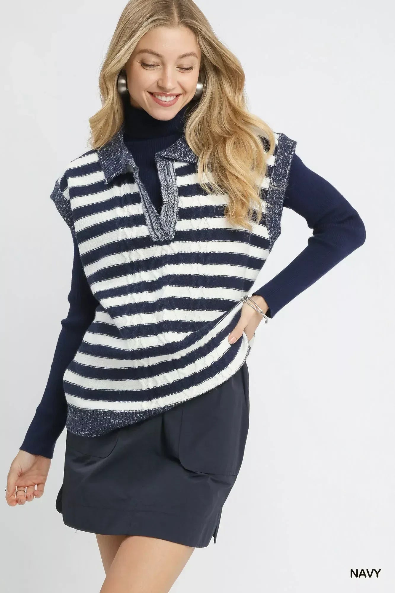Umgee Cable Knit Collared Striped Vest Sweater - DAVERRI FASHIONS