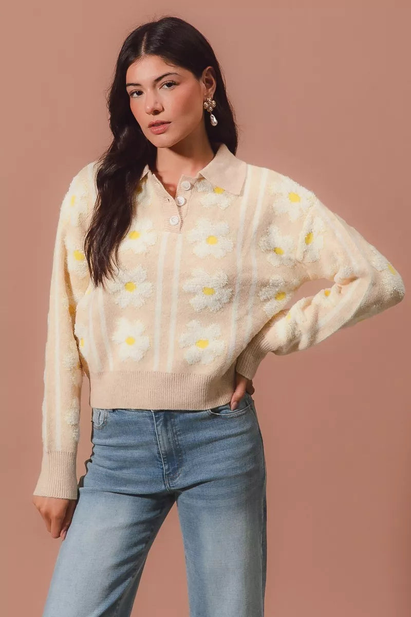 SO ME Floral Stripe Polo Collar Sweater | Sweaters Daverri Fashions