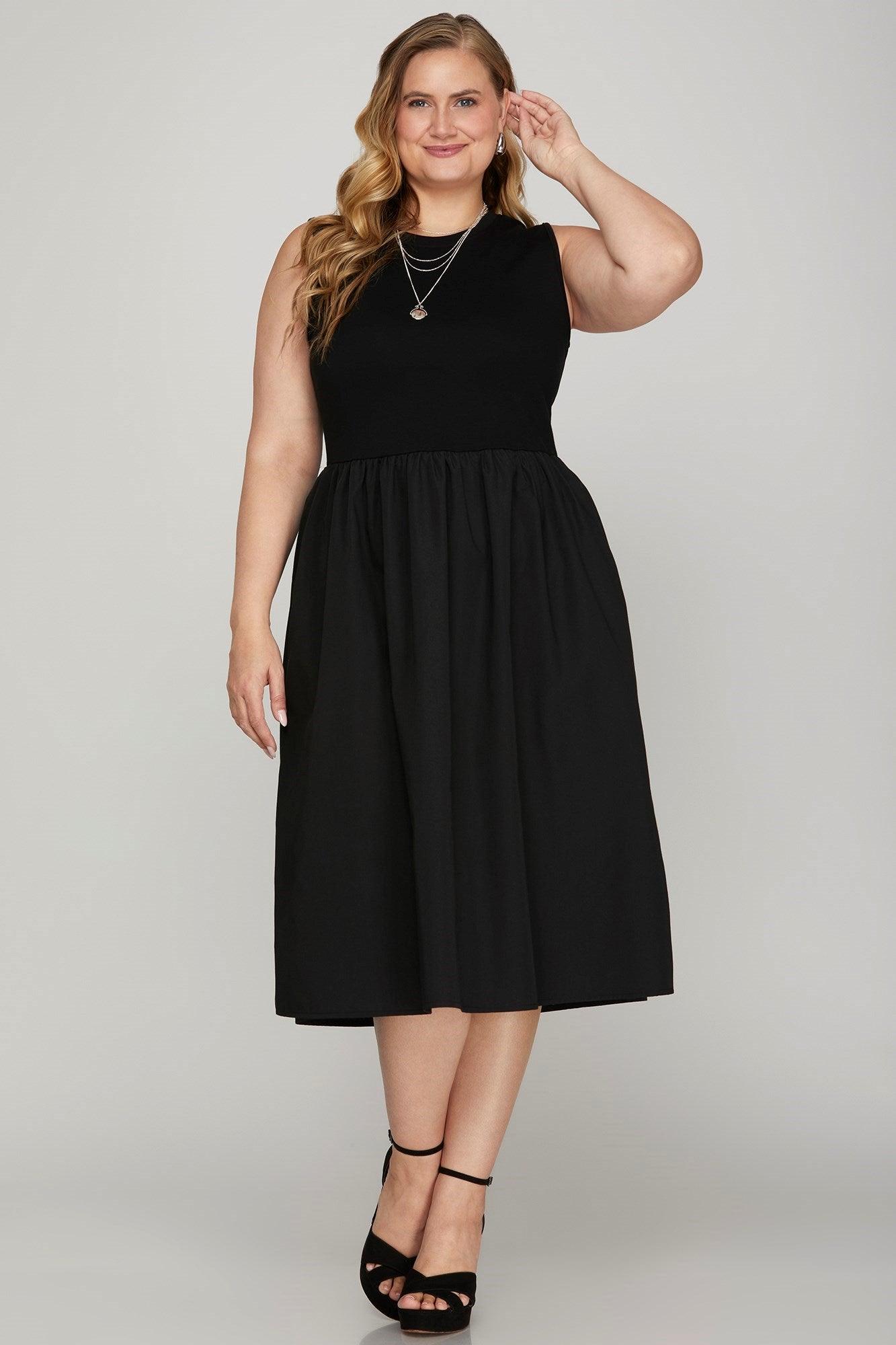 She + Sky Full Size Sleeveless Poplin Woven Midi Dress with Pockets Plus Size Midi Dresses