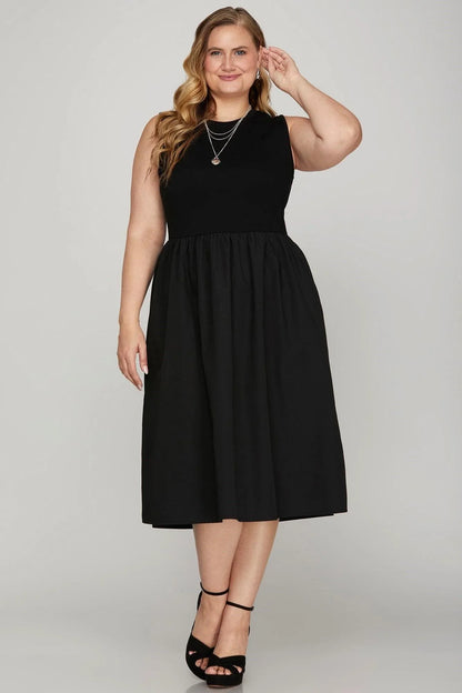 She + Sky Full Size Sleeveless Poplin Woven Midi Dress with Pockets Plus Size - DAVERRI FASHIONS