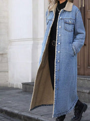 Light blue Sherpa lined longline denim jacket with frayed edges
