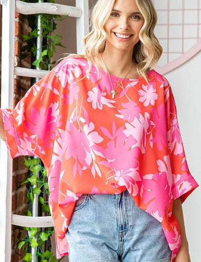 First Love Slit Printed Round Neck Half Sleeve Blouse CORALMULTI Blouses