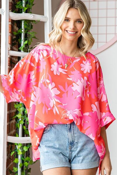 First Love Slit Printed Round Neck Half Sleeve Blouse CORALMULTI Blouses