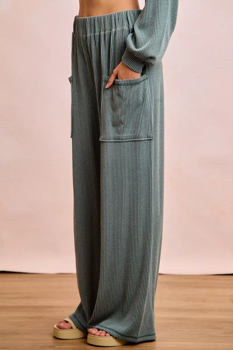 Slim-fit ribbed teal corduroy pants in BiBi two-tone set with side pockets