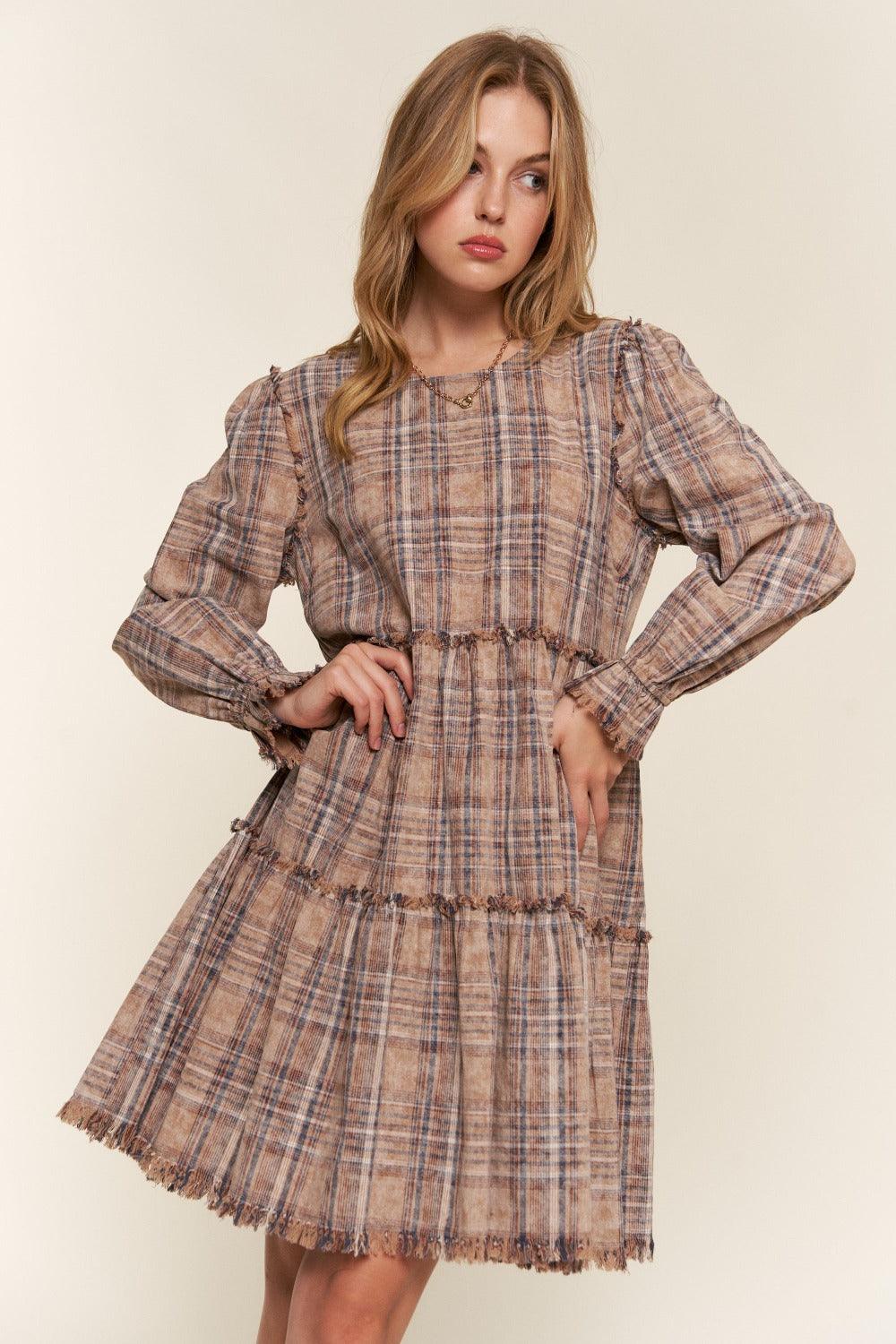 Brown And The Why Full Size Washed Frayed Tiered Plaid Dress | Daverri Fashions