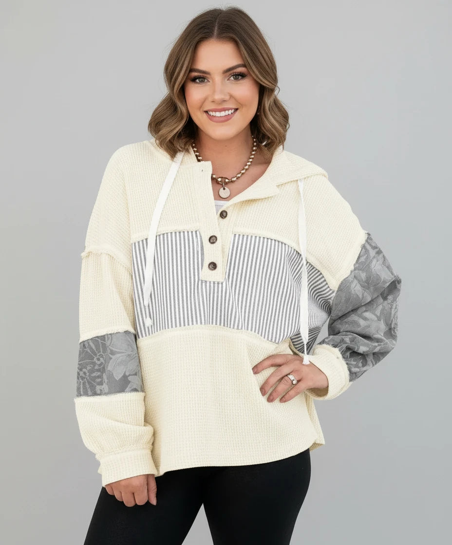 Cream gray patchwork sweater with camo sleeves in waffle knit hoodie