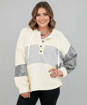 Cream gray patchwork sweater with camo sleeves in waffle knit hoodie