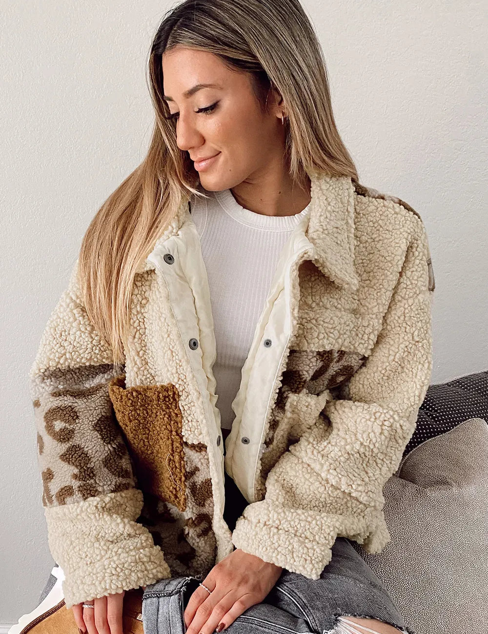 Pocketed Leopard Collared Neck Sherpa Jacket | Jackets Daverri Fashions