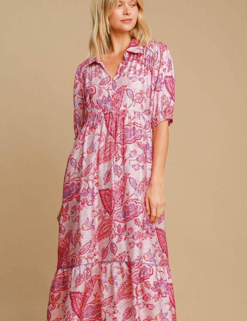 PINK MIX Umgee Full Size Ruffled Hem Floral Paisley Print Half Sleeve Midi Dress Plus Size | Daverri Fashions