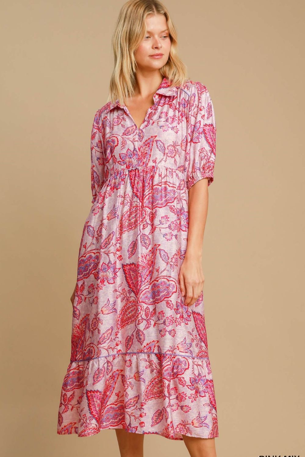 Umgee Full Size Ruffled Hem Floral Paisley Print Half Sleeve Midi Dress Plus Size PINK MIX