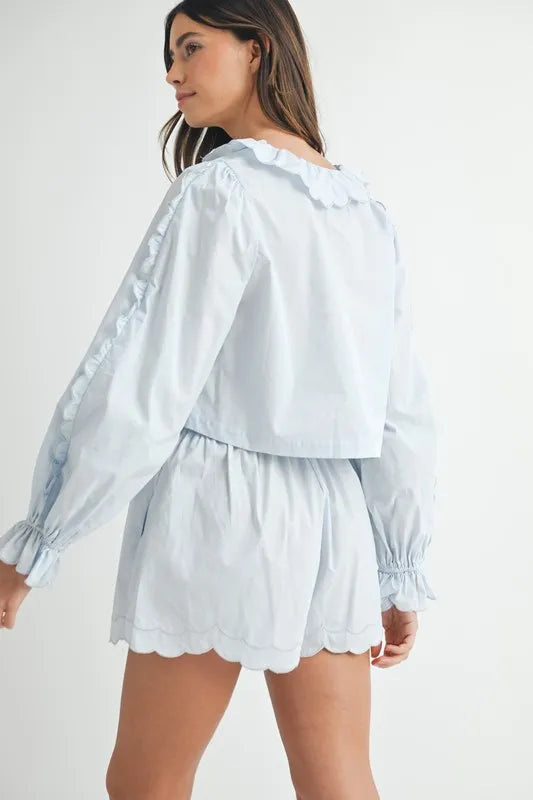 MABLE Long Sleeve Scallop Blouse and Shorts Set Outfit Sets
