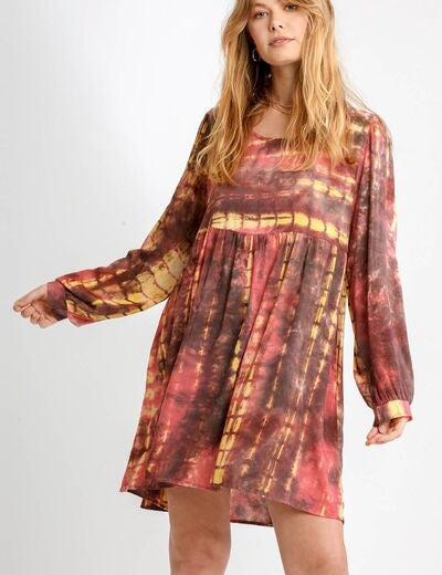 Umgee Full Size Tie Dye Long Sleeve Babydoll Dress with Keyhole Plus Size CORAL MOCHA