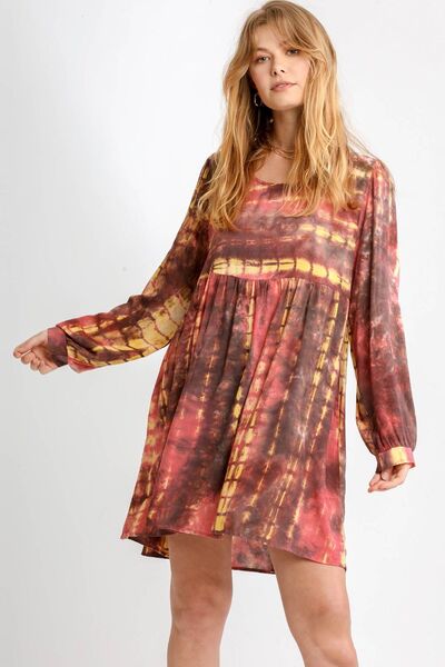 Umgee Full Size Tie Dye Long Sleeve Babydoll Dress with Keyhole Plus Size CORAL MOCHA Babydoll Dresses