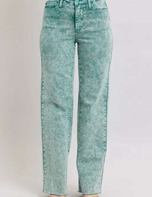 SEA GREEN 22W Judy Blue Full Size High Waist Garment Dyed Raw Hem Dad Jean Plus Size | Daverri Fashions