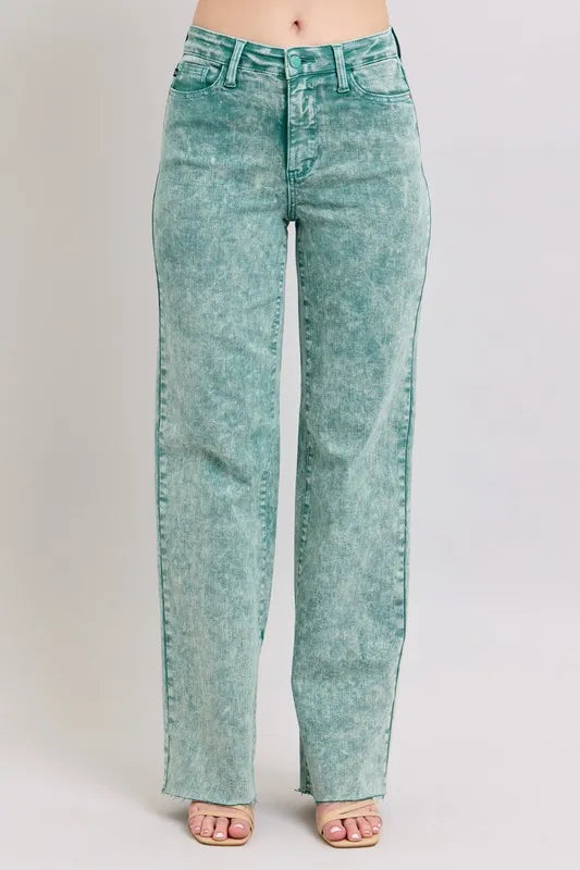 Judy Blue Full Size High Waist Garment Dyed Raw Hem Dad Jean Plus Size SEA GREEN