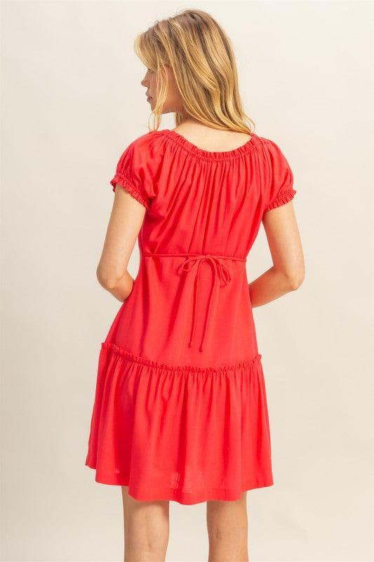HYFVE Ruched Frill Tiered Short Sleeve Mini Dress - DAVERRI FASHIONS