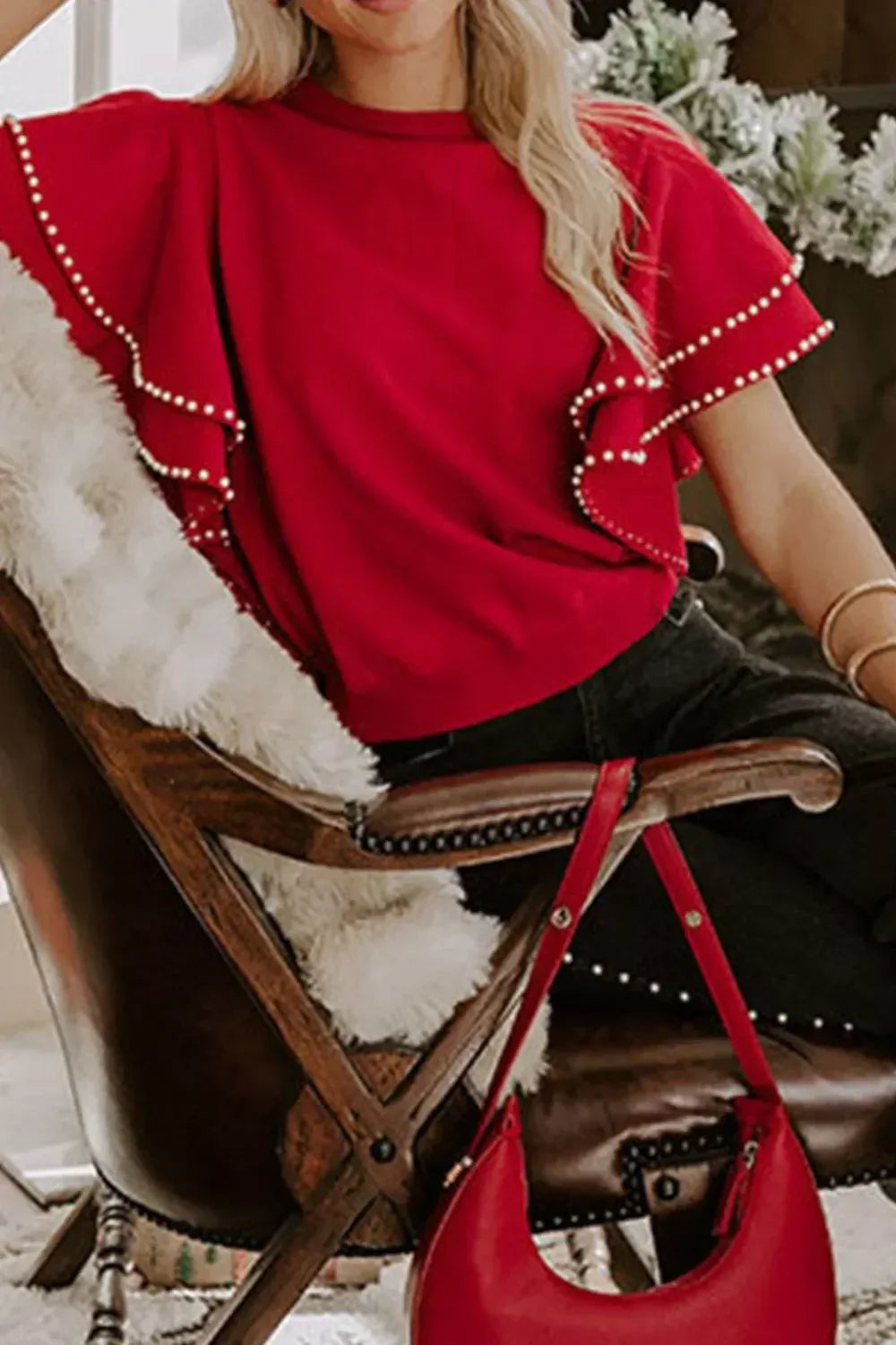 Ruffle Sleeve Pearl Embellished Knit Top - DAVERRI FASHIONS