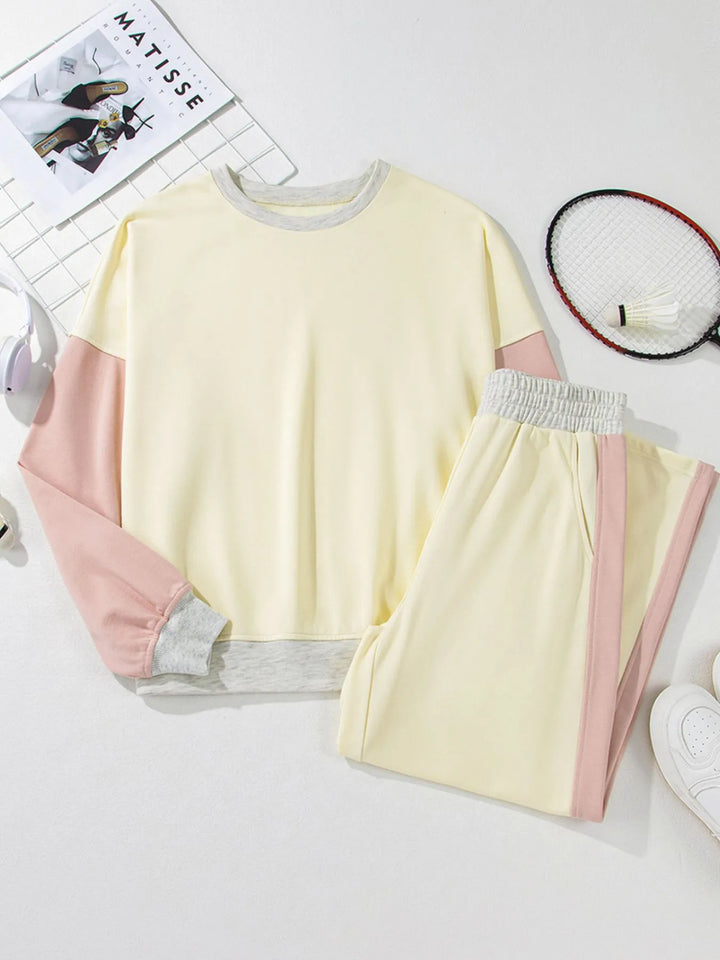 Color Block Round Neck Top and Pants Set | Loungewear Sets Daverri Fashions