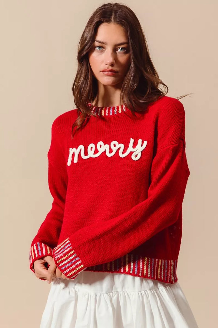 SO ME Merry Lettering Embroidered Christmas Sweater | Sweaters Daverri Fashions