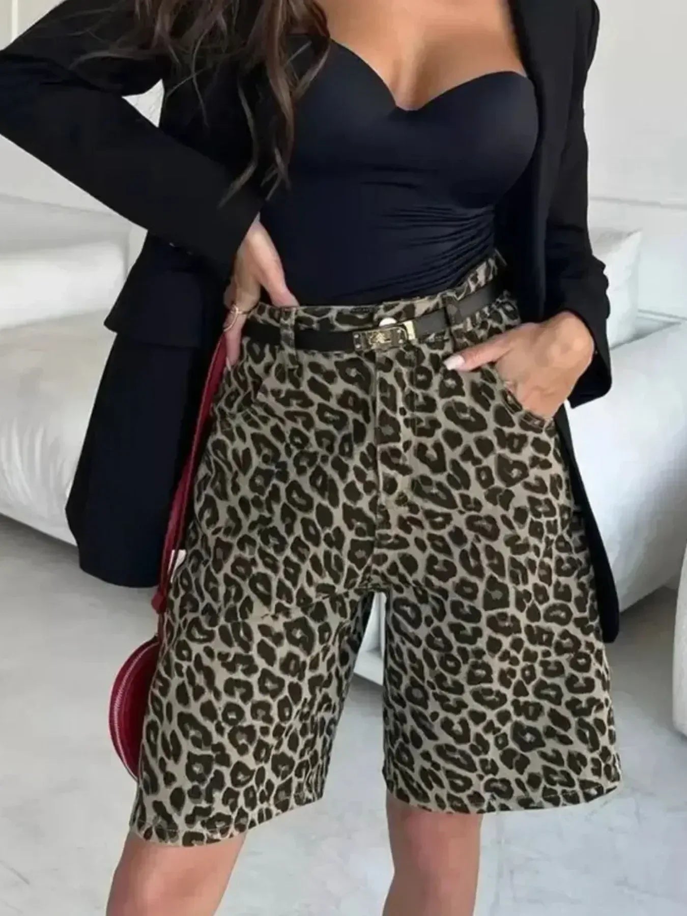 Leopard Print High-Waisted Denim Shorts - DAVERRI FASHIONS