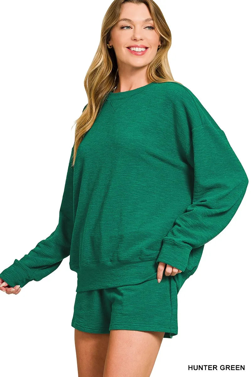 Zenana Slub Long Sleeve Top and Shorts Set | Loungewear Sets Daverri Fashions