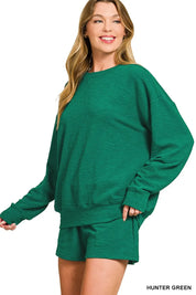 Zenana Slub Long Sleeve Top and Shorts Set | Loungewear Sets Daverri Fashions
