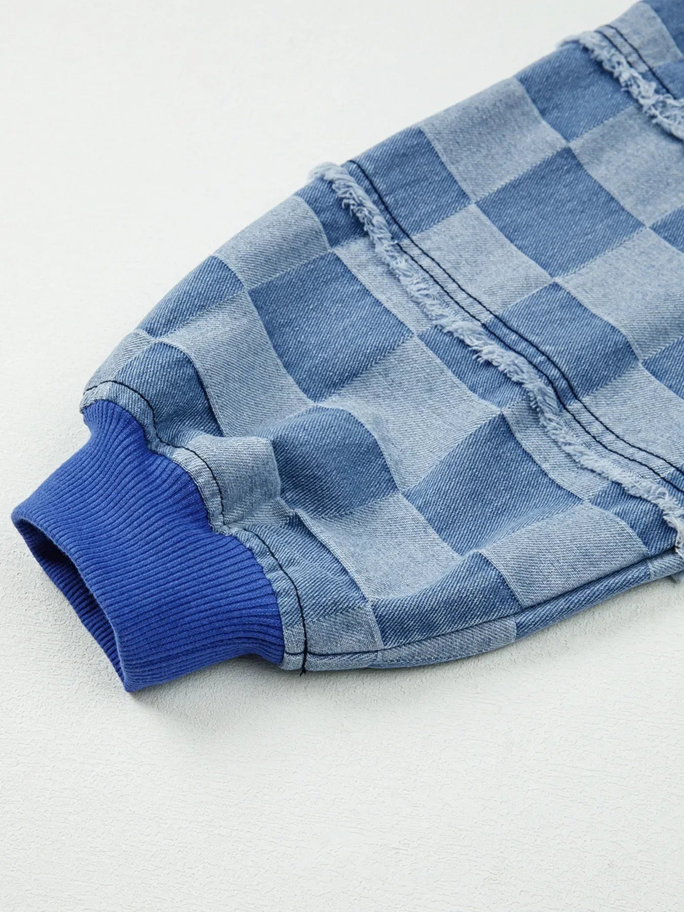 Checkerboard Splicing Raw Detail Oversized Denim Top - DAVERRI FASHIONS