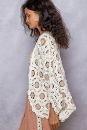 POL Openwork V-Neck Chenille Cardigan with Contrast Floral | Cardigans Daverri Fashions