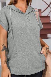 Heather gray drawstring quarter snap cap sleeve hoodie with mesh panels