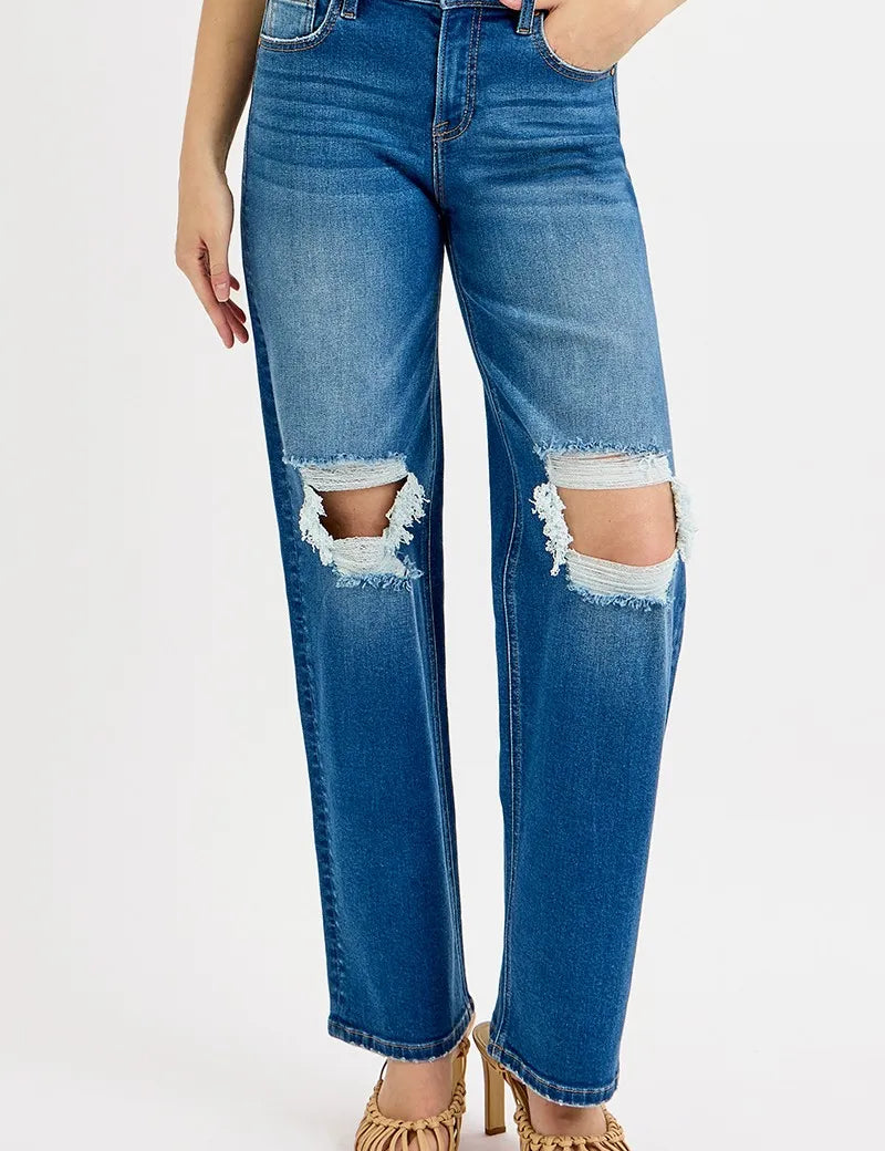 RISEN Full Size Mid Waist Fit Boyfriend Knee Distressed Jeans | Jeans Daverri Fashions