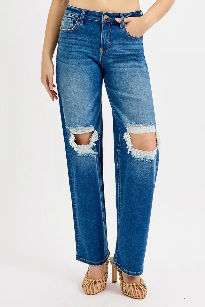 RISEN Full Size Mid Waist Fit Boyfriend Knee Distressed Jeans Jeans