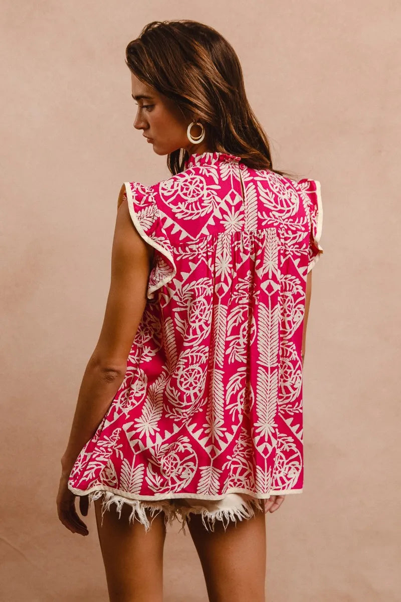 BiBi Printed Pink Ruffle Sleeve Top with geometric botanical print