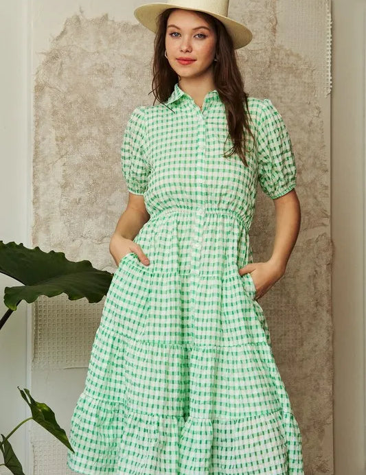 Davi & Dani Checkered Puff Sleeve Tiered Shirt Dress | Knee Length Dresses Daverri Fashions