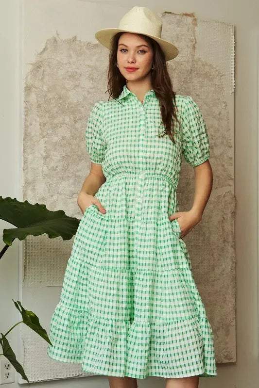 Davi & Dani Checkered Puff Sleeve Tiered Shirt Dress - DAVERRI FASHIONS