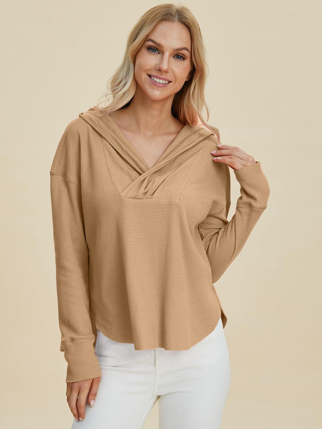 High-Low Dropped Shoulder Long Sleeve Hoodie Camel Shirts & Tops