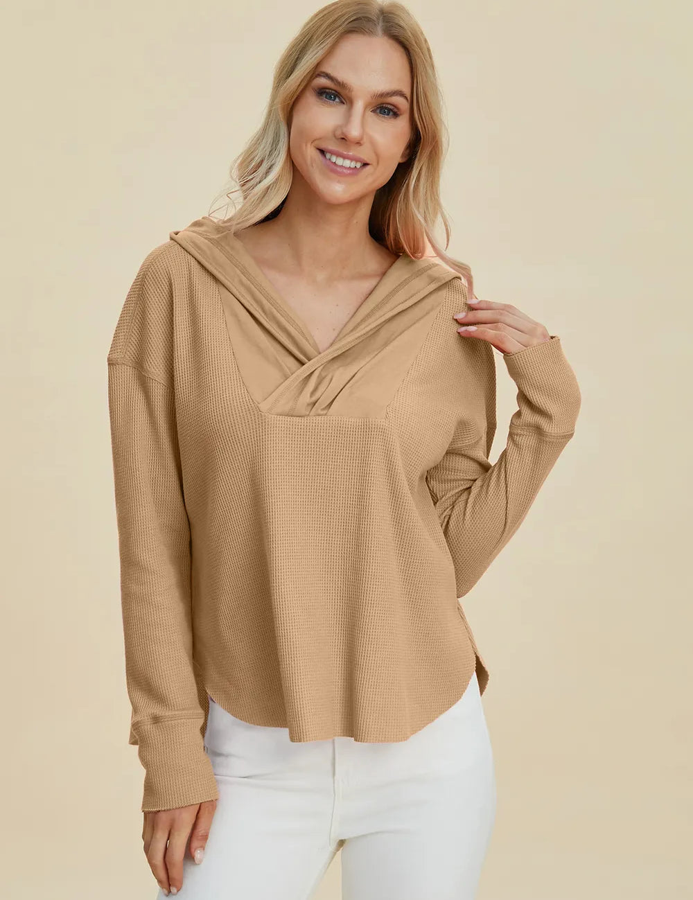 Camel Double Take Full Size High-Low Dropped Shoulder Long Sleeve Hoodie | Hoodies Daverri Fashions