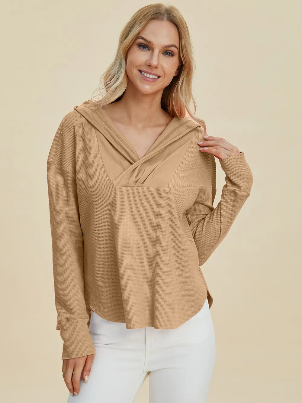 Camel Double Take Full Size High-Low Dropped Shoulder Long Sleeve Hoodie | Hoodies Daverri Fashions