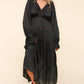 Haptics Flounce Sleeve Tiered Midi Dress with Pockets Black