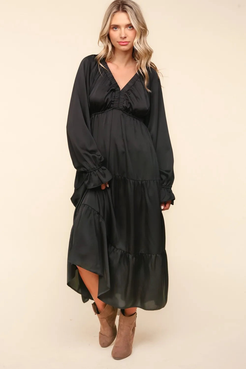 Haptics Flounce Sleeve Tiered Midi Dress with Pockets Black