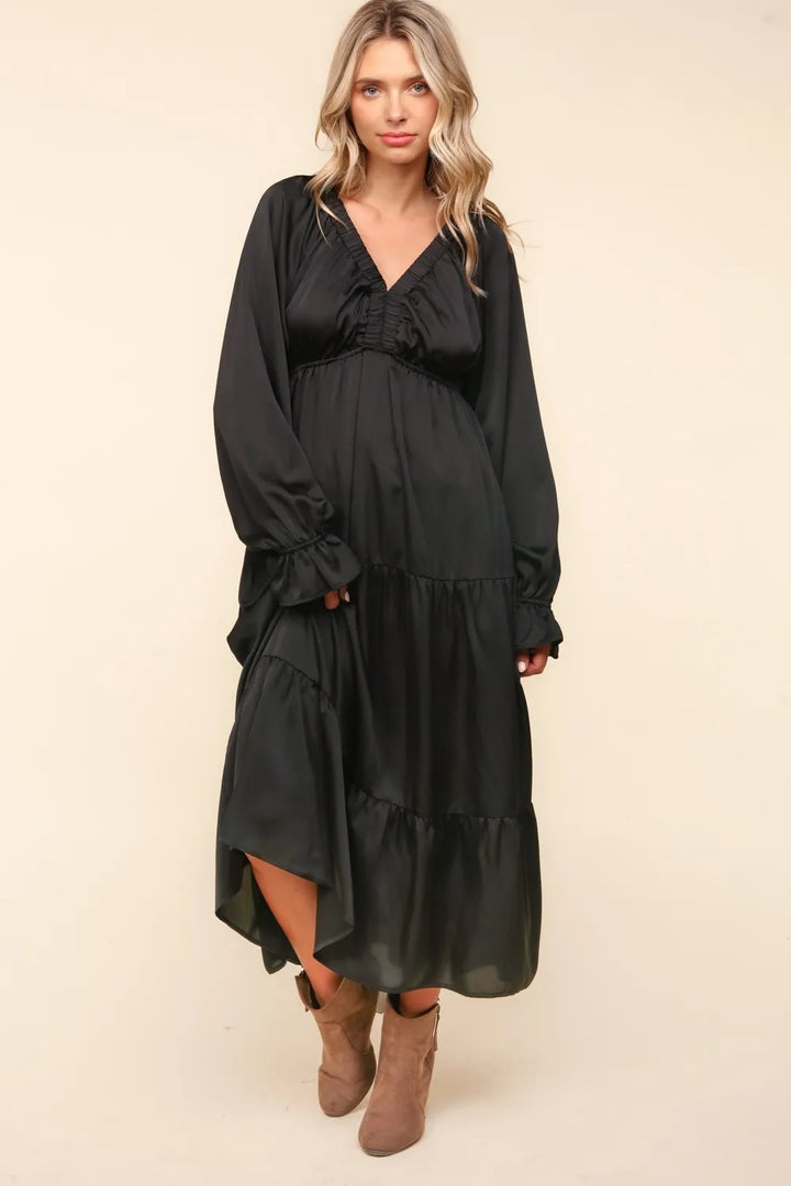 Haptics Flounce Sleeve Tiered Midi Dress with Pockets Black