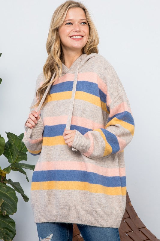 Plus Striped Loose Fit Pullover Hoodie Sweater Tops