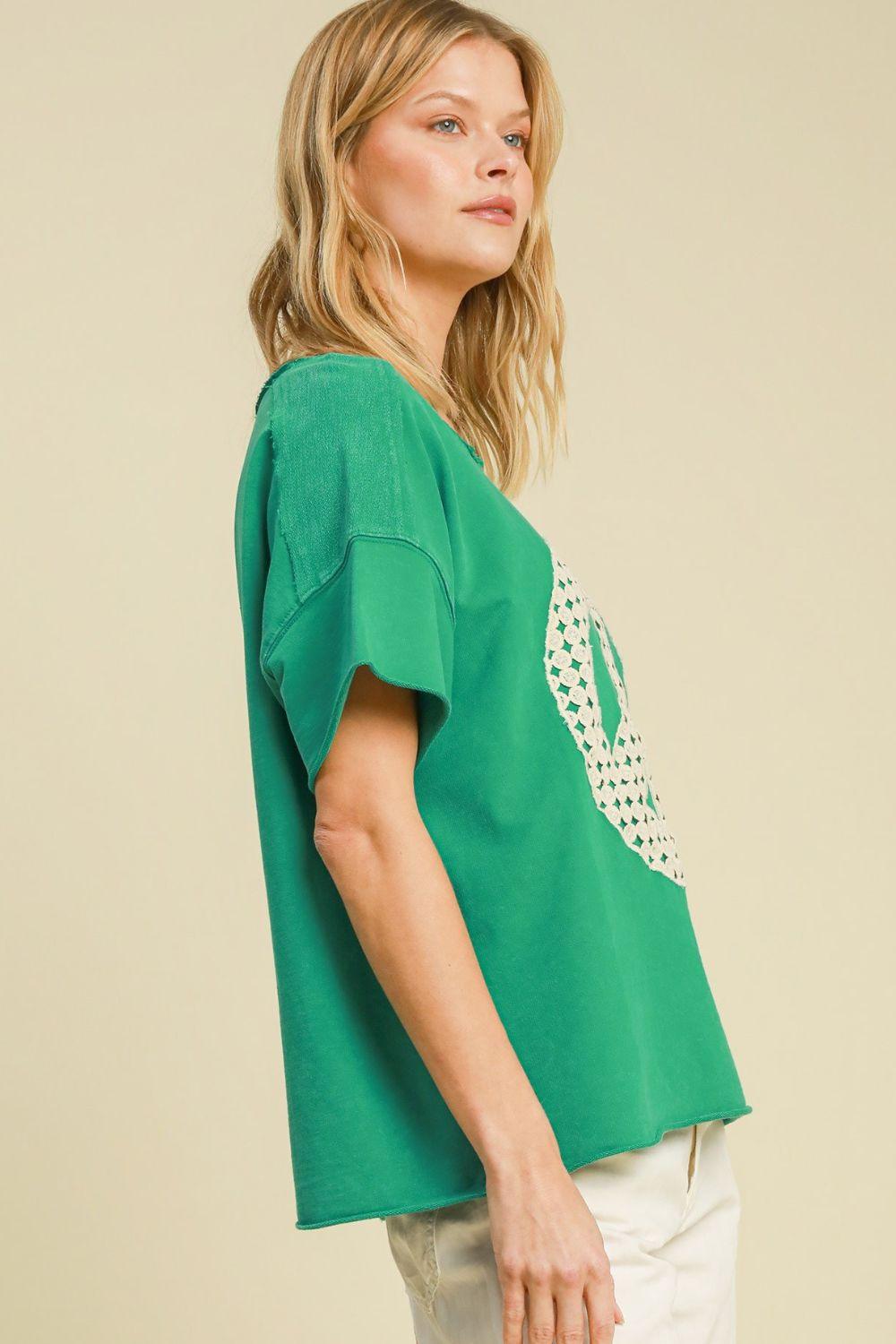 Umgee Full Size Mineral Wash T-Shirt with Lace Applique Plus Size T-Shirts