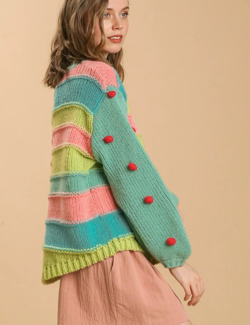 Umgee Full Size Color Block Cable Knit Sweater with Pom Pom Plus Size | Daverri Fashions