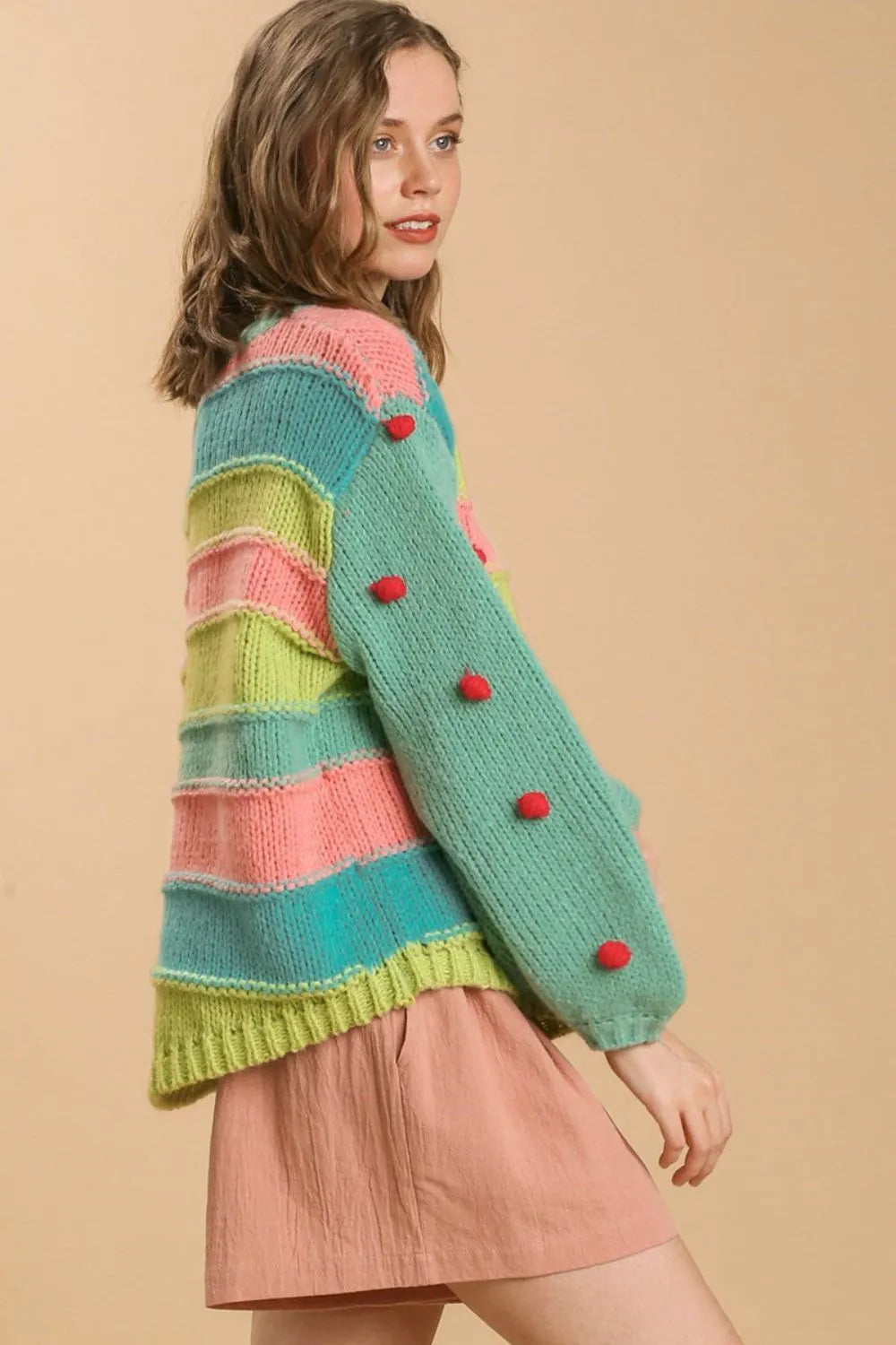 Umgee Full Size Color Block Cable Knit Sweater with Pom Pom Plus Size | Daverri Fashions