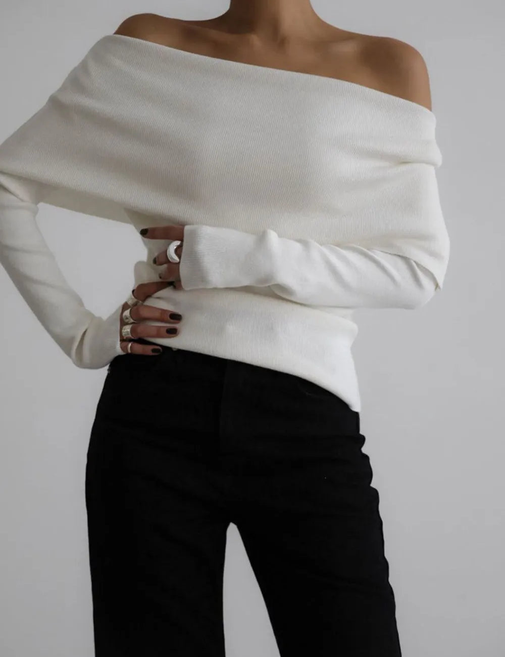 White Off-Shoulder Long Sleeve Knit Top | Knit Tops Daverri Fashions