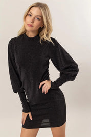 Black HYFVE Glitter Mock Neck Long Sleeve Mini Dress | Mini Dresses Daverri Fashions