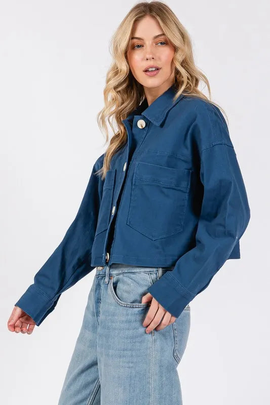 bytos Button Down Cropped Denim Jacket with Patch Pockets | Daverri Fashions